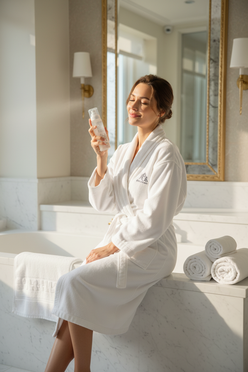 Femme en peignoir tenant le spray dans salle de bain
