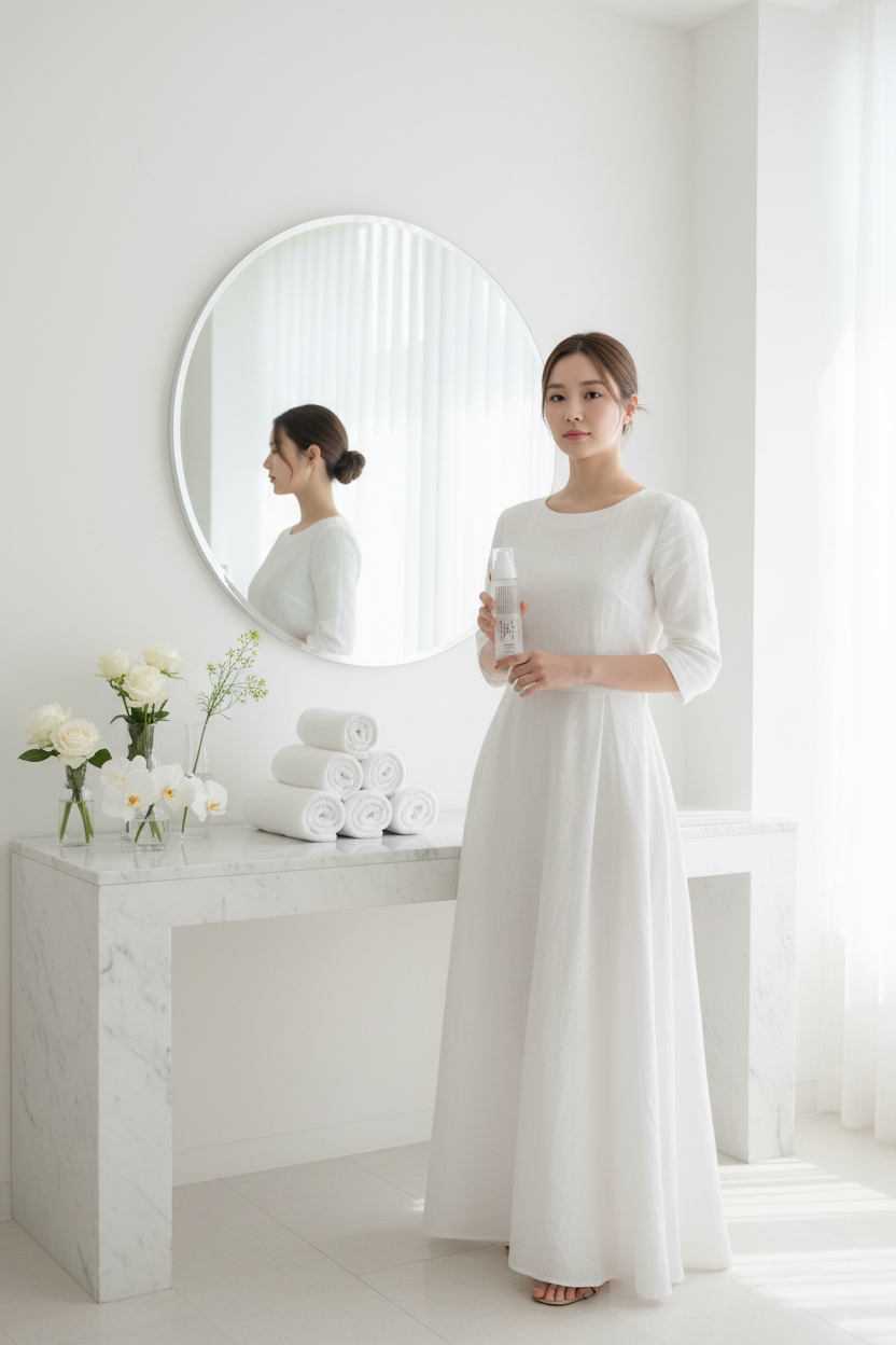 Femme en robe blanche dans salle de soins