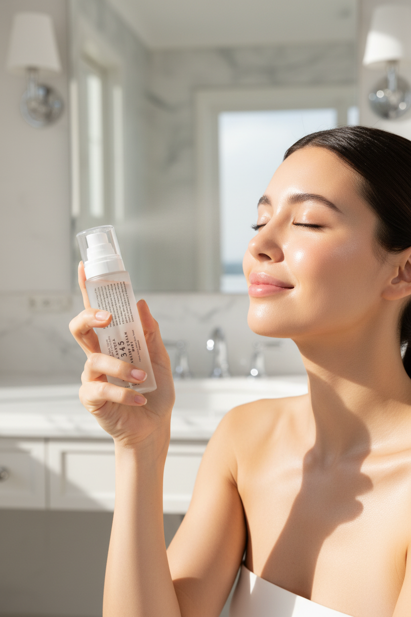 Femme peau lumineuse tenant le Dr. Althea 345 Mist original