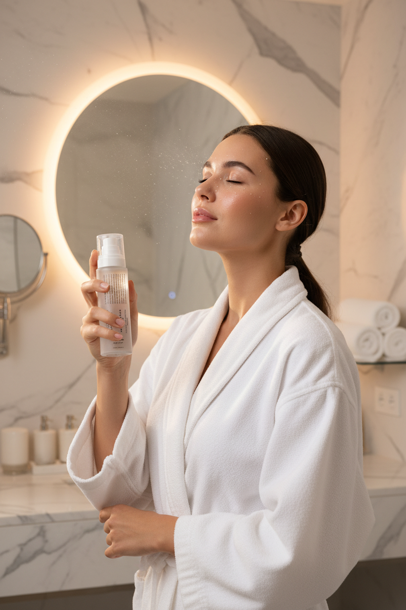 Femme se vaporisant le visage, yeux fermés