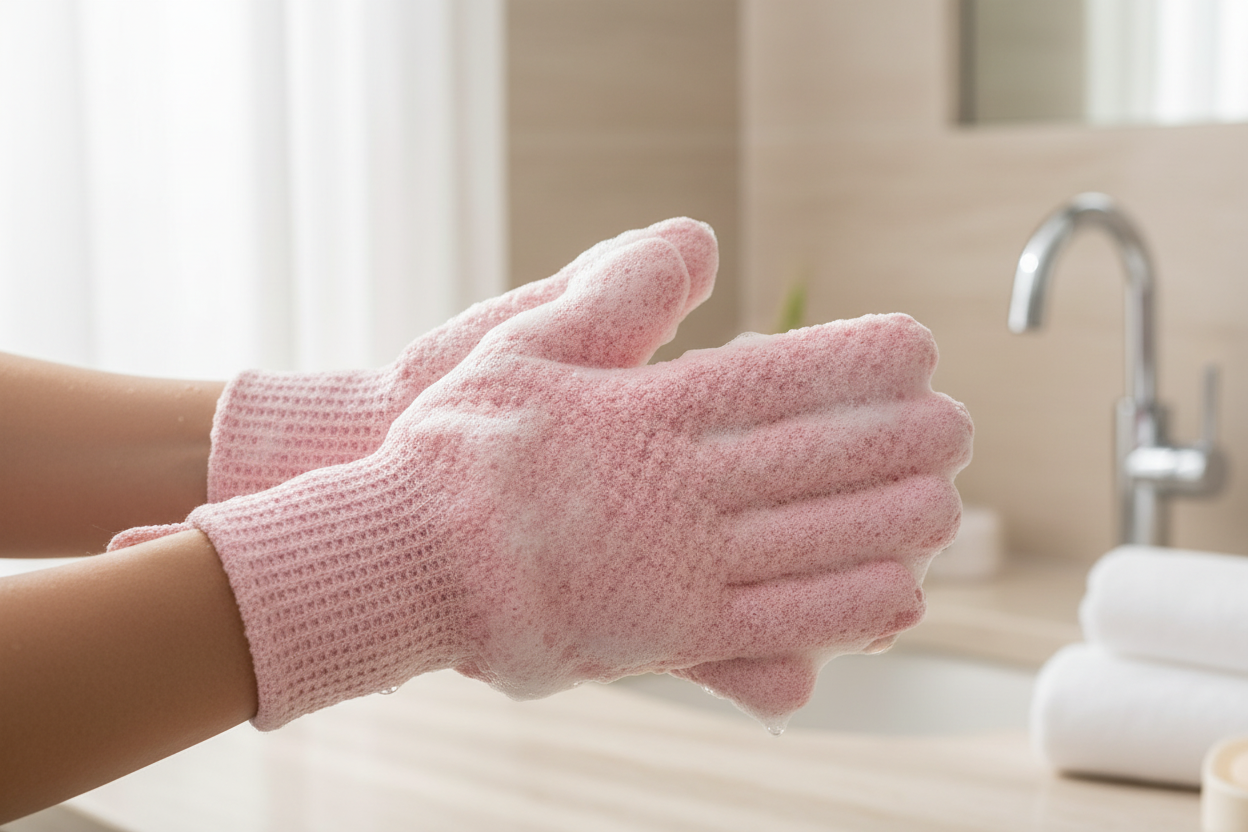 Foamy hands wearing pink exfoliating gloves