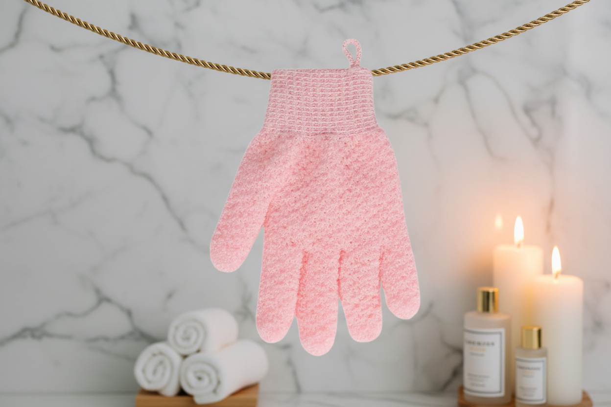 Gant rose accroché sur corde dorée – agrandi