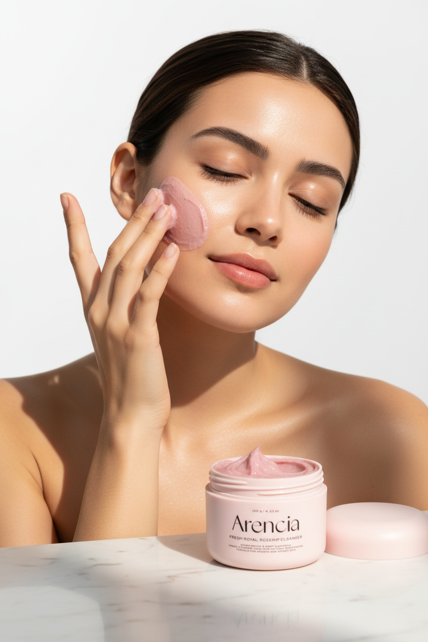 Modèle appliquant le nettoyant Mochi Rose sur le visage