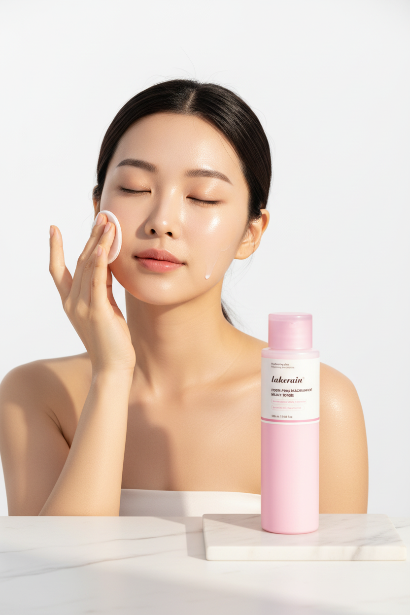 Modèle appliquant le tonique Lakerain PDRN Pink sur le visage