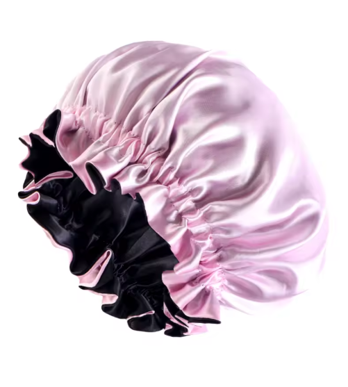 Bonnet en satin double couche rose et noir