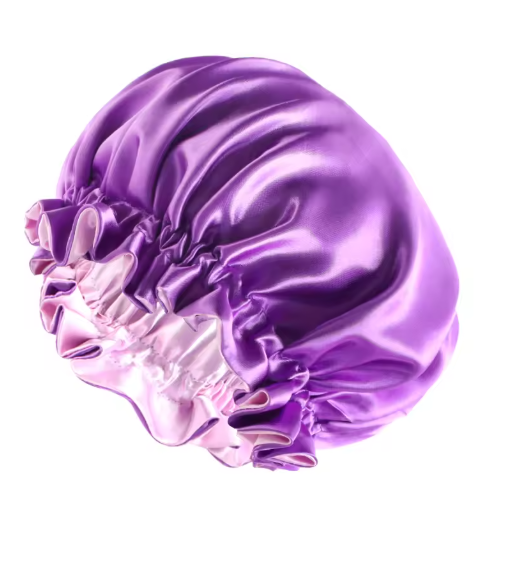 Bonnet en satin double couche violet et rose