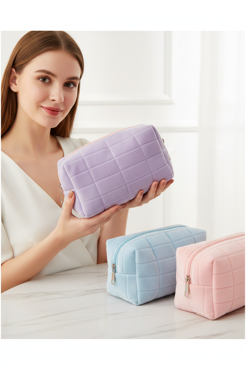 Modèle tenant la trousse matelassée – 3 couleurs