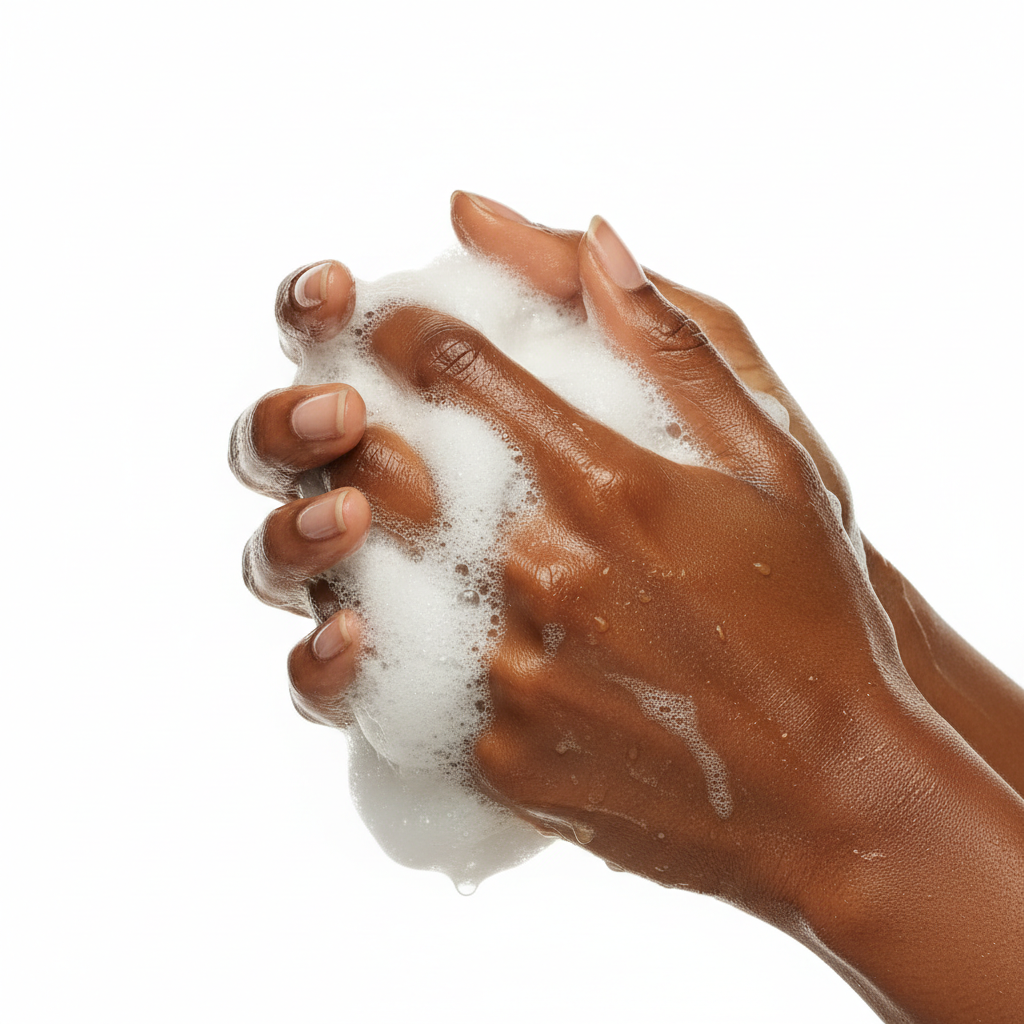Mains peau noire avec mousse savon - routine beauté