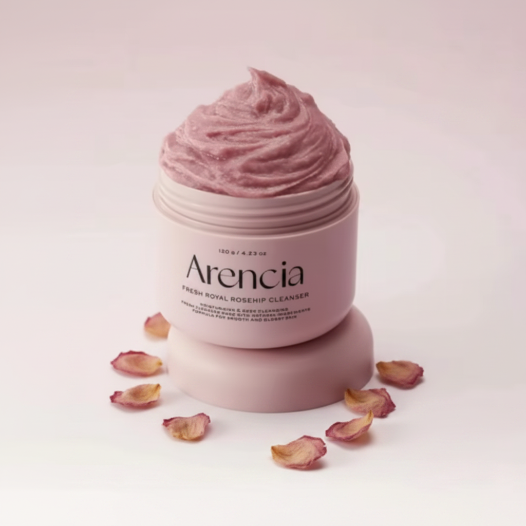 Nettoyant Mochi Rose – pot ouvert, pétales, fond blanc